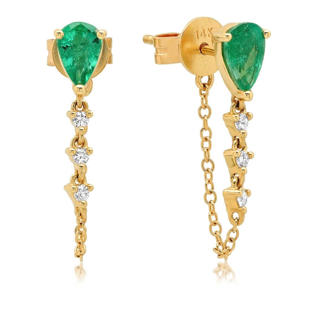 Pear Gemstone + Diamond  Drop Chain Studs