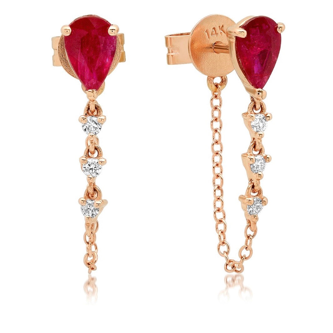 Pear Gemstone + Diamond  Drop Chain Studs