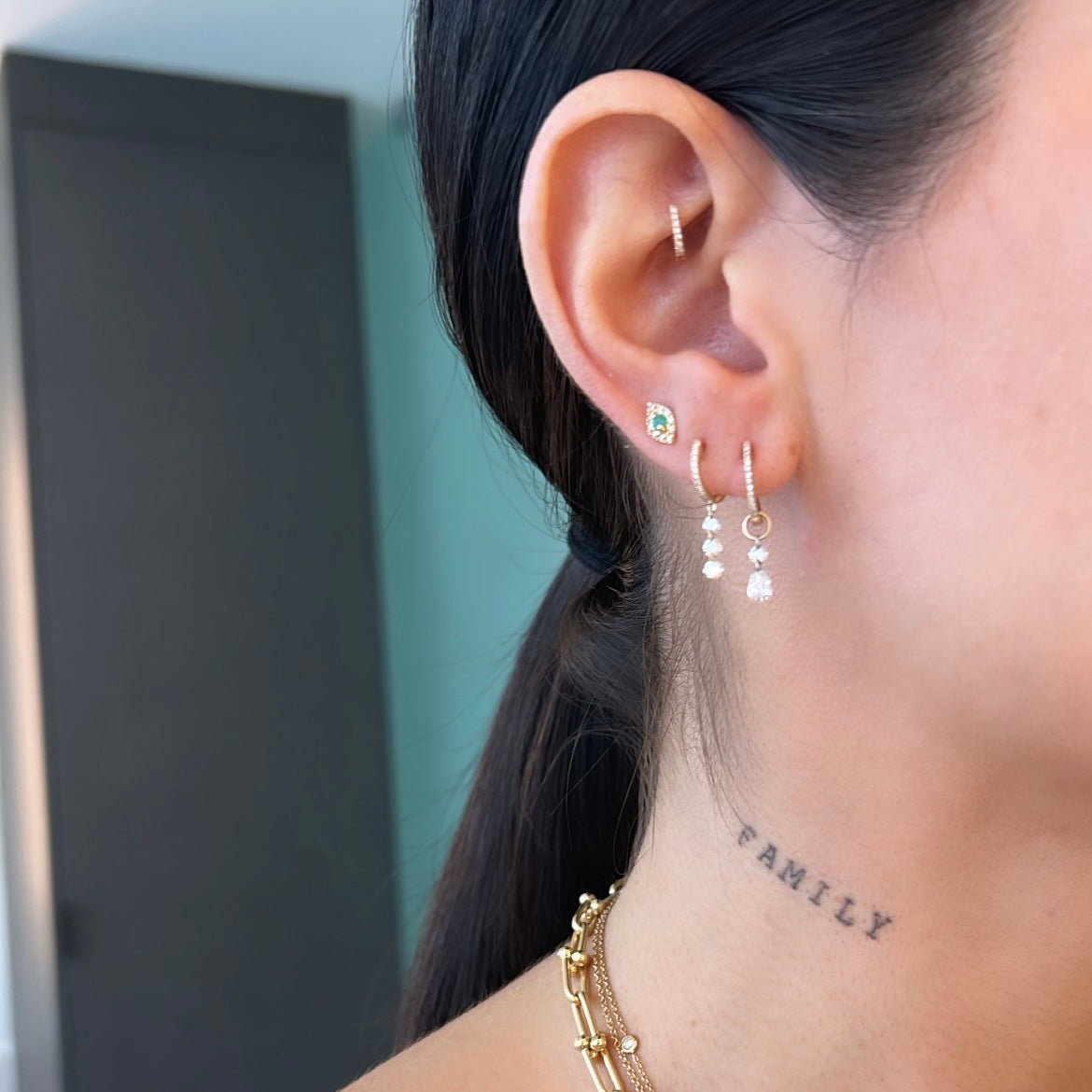 Drop Drilled Round + Pear Diamond Huggie