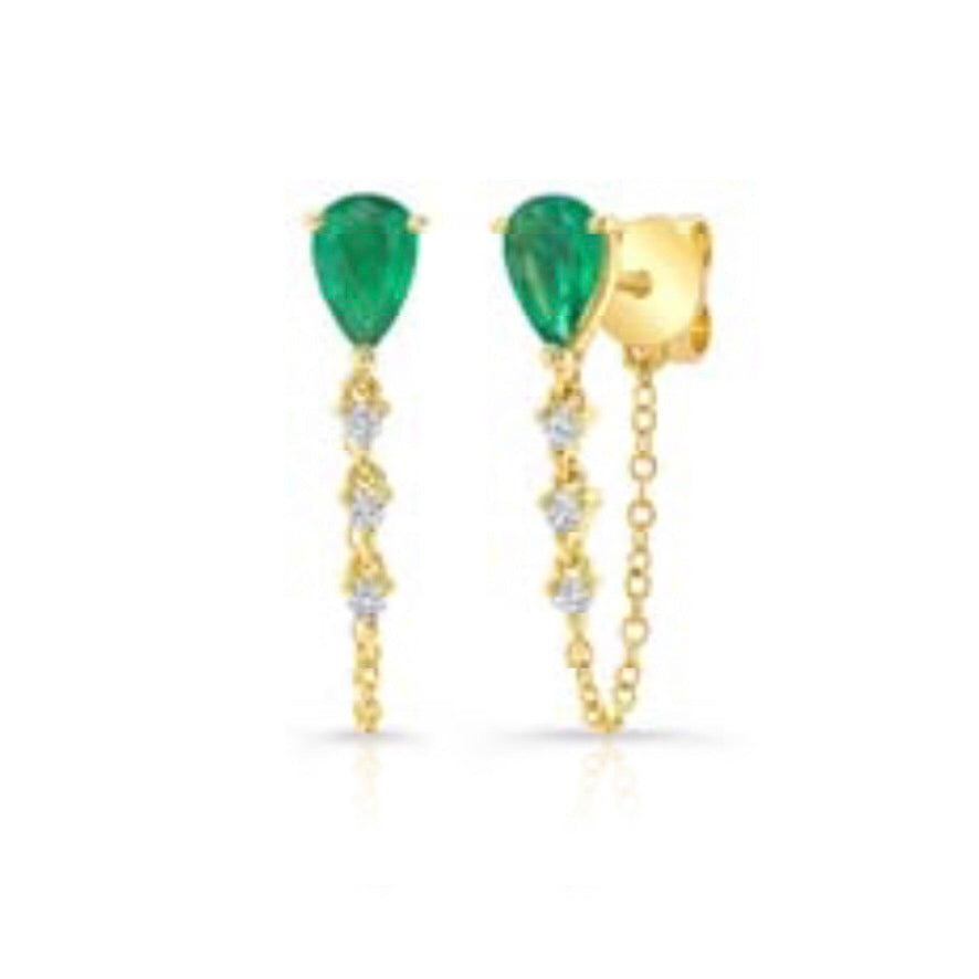 Pear Gemstone + Diamond  Drop Chain Studs